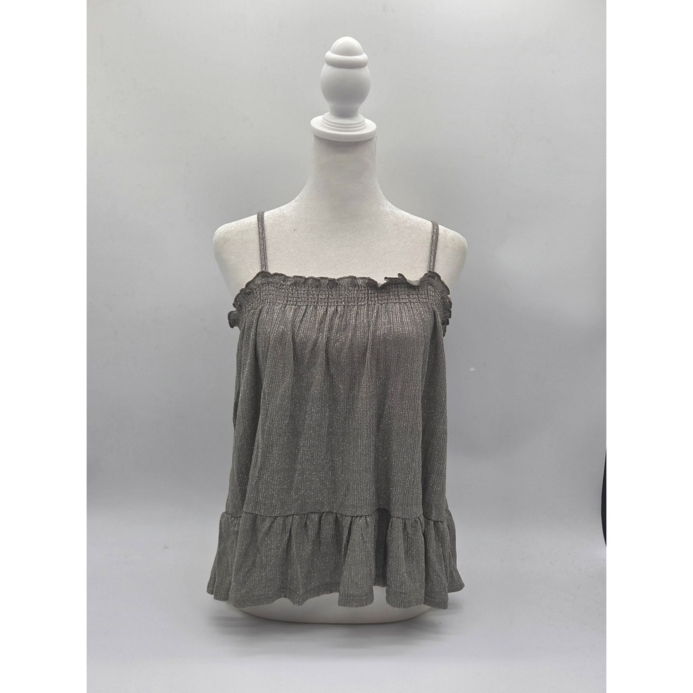 Amadi Women's M Petite Metallic Silver Ruffle Hem Cami Tank Top Made in USA